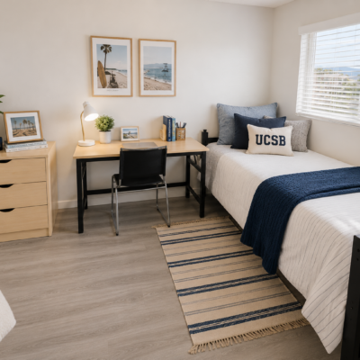 Dorm-room workspace: bed to the right, study desk with a lamp and plants, framed beach photos on the wall, and a striped rug nearby.
