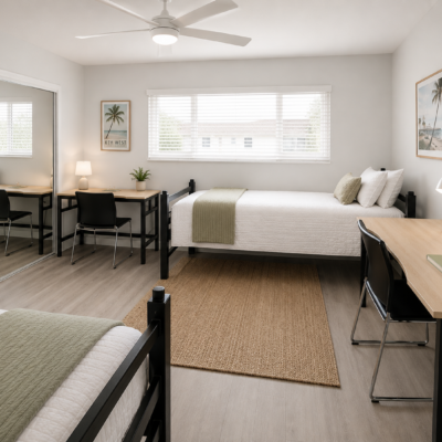 Bright dorm-style room with two single beds, a shared wooden desk, plants, and a large window letting in natural light, pastel decor.