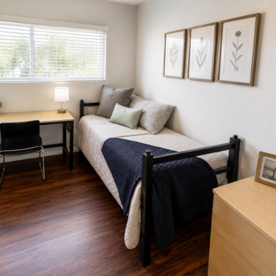 Compact bedroom with single bed, desk, chair and dresser; window with blinds and plants for a calm study‑sleep space
