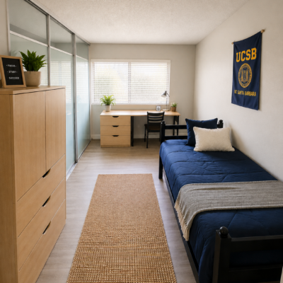 Dorm room with single bed in blue bedding, desk by the window, dressers, and a woven rug in the center.